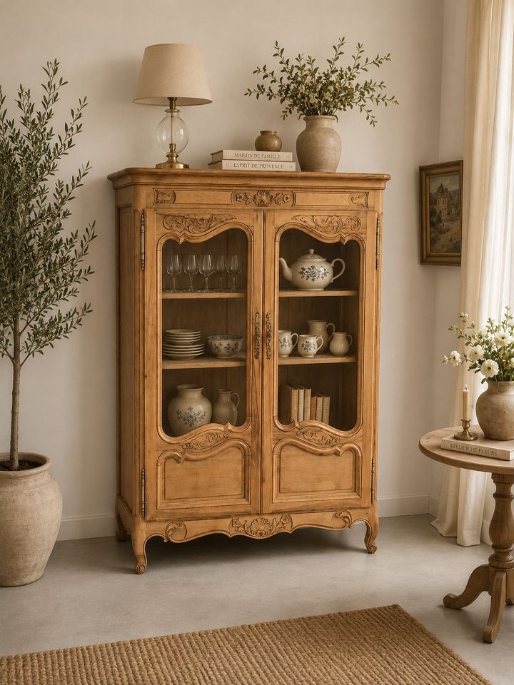Vaisselier ancien vitré restauré en bois brut — atelier ANTIQUA, pays d'Aix