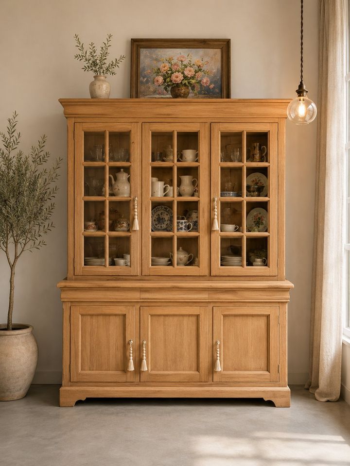 Buffet vitré ancien en bois de caractère restauré par aérogommage — ANTIQUA